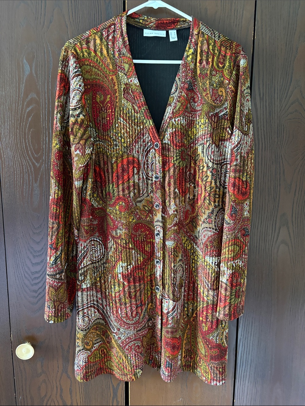 Susan Graver Paisley V-Neck Long Sleeve Button Dress - Red, Gold, Green